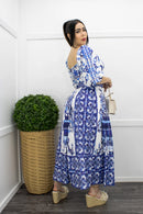 Blue Off Shoulder Belted Maxi Dress-Maxi Dress-Moda Fina Boutique