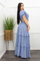 Blue S S Crop Top Ruffled Maxi Skirt Set-Set-Moda Fina Boutique