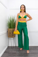 Green Satin Crop Top With Stylish Pant Set-Set-Moda Fina Boutique