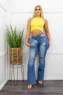 High Waist Denim distressed Wide Leg Jeans-Bottom-Moda Fina Boutique