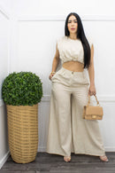 Linen Crop Top Wide Leg Pant Set Tan-Set-Moda Fina Boutique