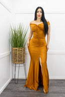 Off Shoulder Front Slit Gold Maxi Dress-Maxi Dress-Moda Fina Boutique