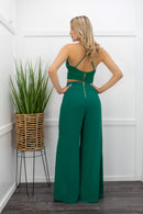 Lace Trim Crop Top Green Pant Set-Set-Moda Fina Boutique